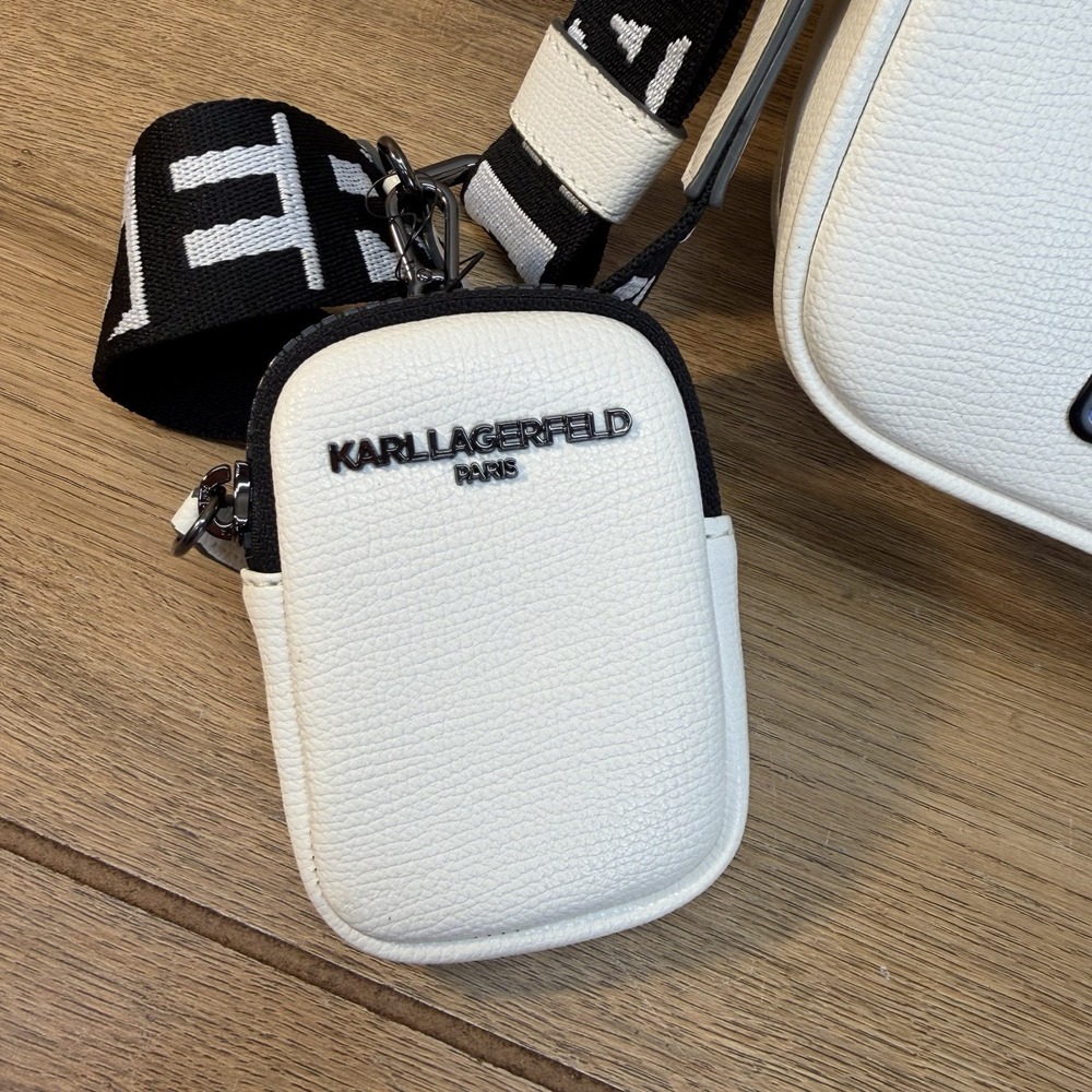 Karl Lagerfeld Maybelle Double Zip White Iridescent Crossbody Camera Bag Pouch - Picture 4 of 16